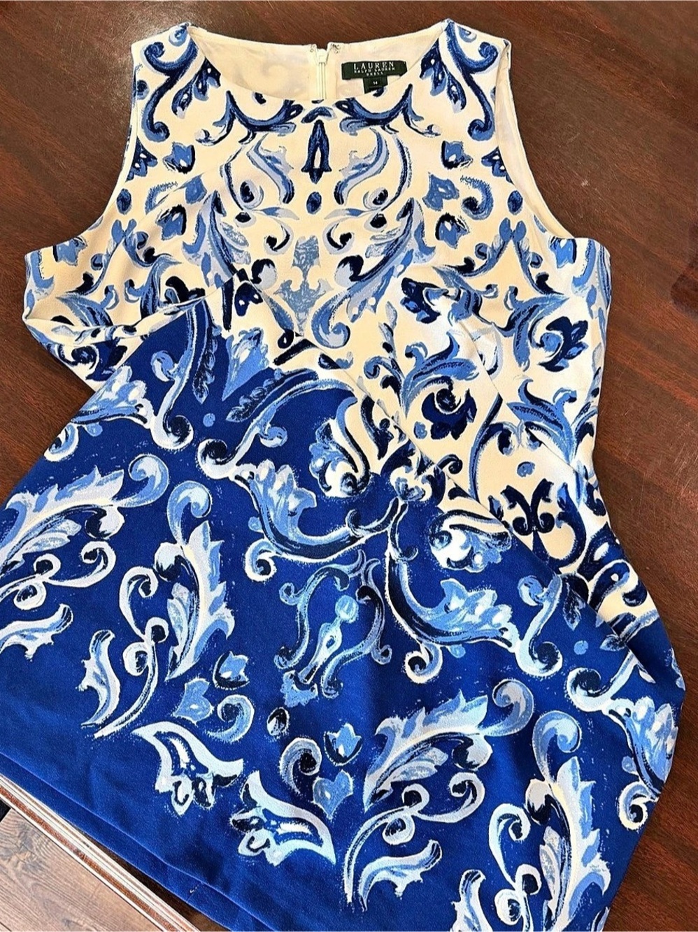 Lauren Ralph Lauren Blue White Damask Scroll Shift Dress Mini